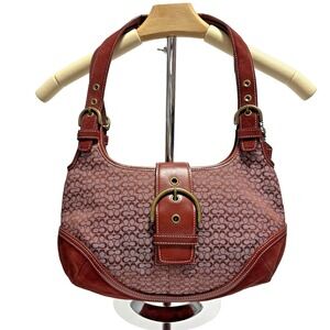Coach Soho 7074 Signature Buckle Hobo Flap Shoulder Bag Burgundy Y2K Suede Trim